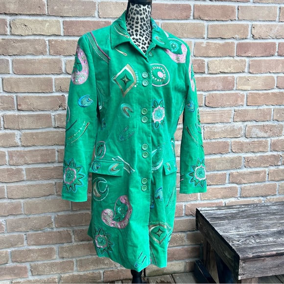 Kapalua Velvet Boho Whimsy Green Coat Embroidered Embellished Art Deco Funky - Picture 1 of 15